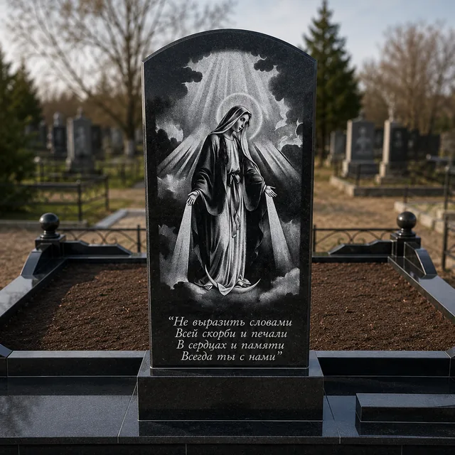 Гранітний пам’ятник з образом Богородиці та релігійним гравіюванням у Миколаєві
