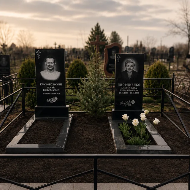 Парні одинарні гранітні пам’ятники з металевою огорожею у Миколаєві